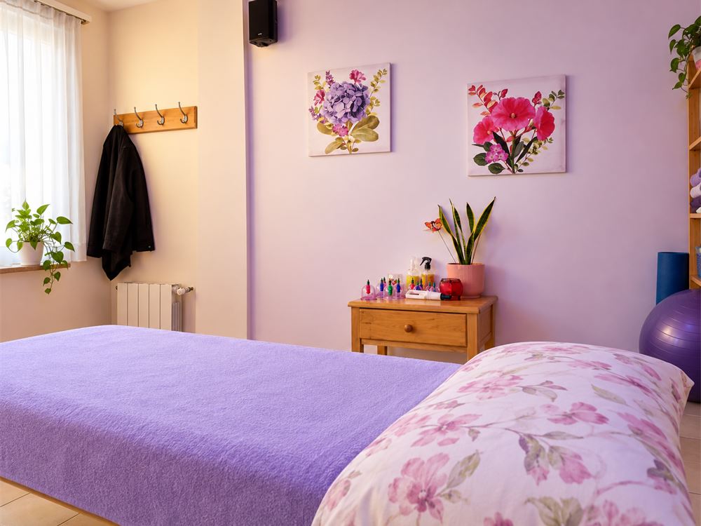 Sala en tonos lavanda con camilla y cuadros de flores